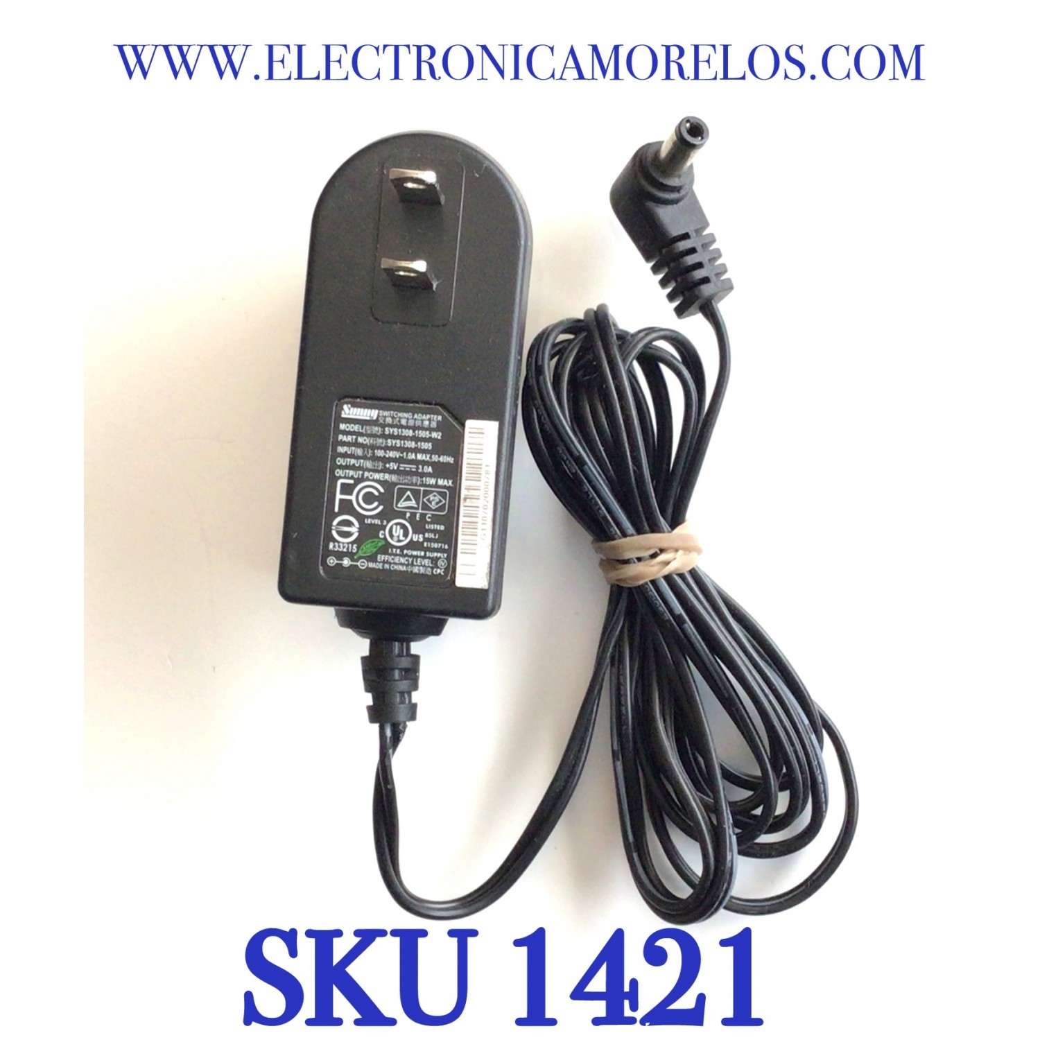CARGADOR / ADAPTADOR DE FUENTE DE ALIMENTACION SUNNY  VCA-VCD / NUMERO DE PARTE SYS1308-1505 / ENTRADA VCA 100-240V~ 1.0A MAX,50-60HZ / SALIDA VCD 5V 3.0A / MODELO SYS1308-1505-W2